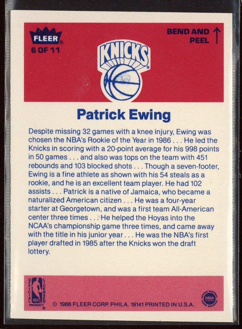 Patrick Ewing New York Knicks Signed 1986 Fleer Sticker 6 of 11 Card-Powers Sports Memorabilia