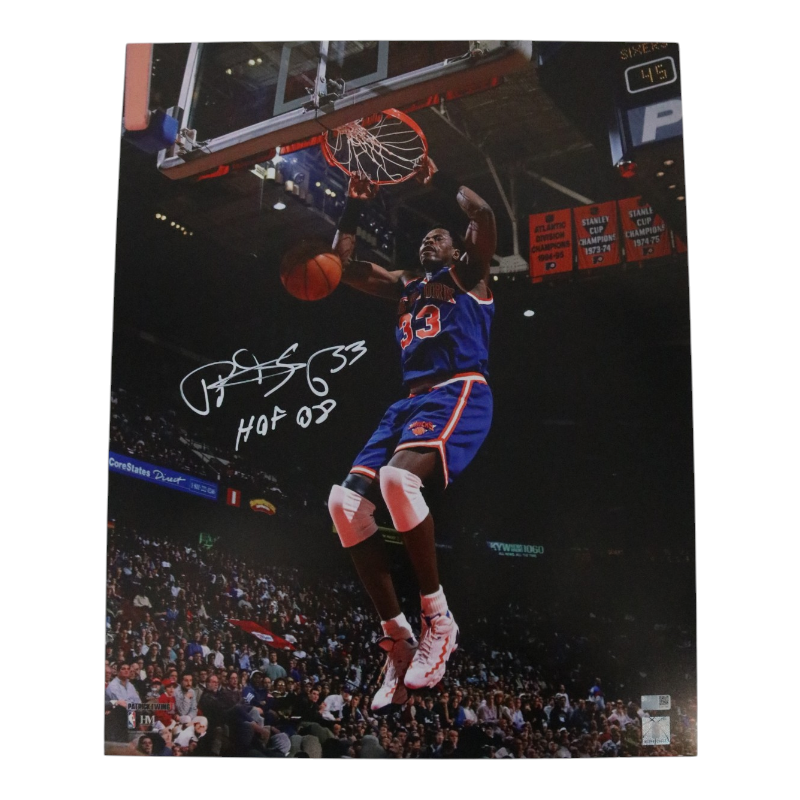 Patrick Ewing New York Knicks Signed Inscribed HOF 08 Blue Jersey Dunk 16x20 Photo-Powers Sports Memorabilia