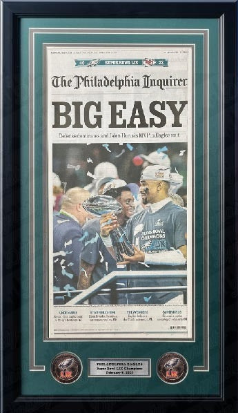 Philadelphia Eagles Super Bowl LIX Championship Trophy Framed Philadelphia Inquirer Collage-Powers Sports Memorabilia
