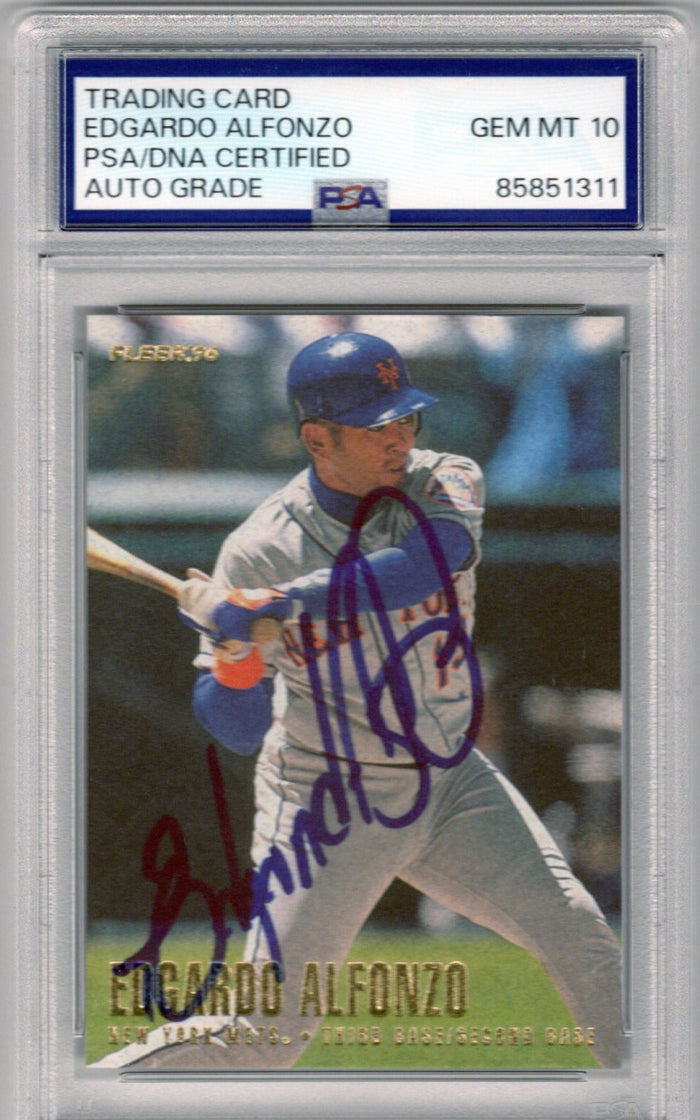 Edgardo Alfonzo Signed New York Mets 1996 Fleer Card PSA AUTO GRADE GEM MT 10-Powers Sports Memorabilia