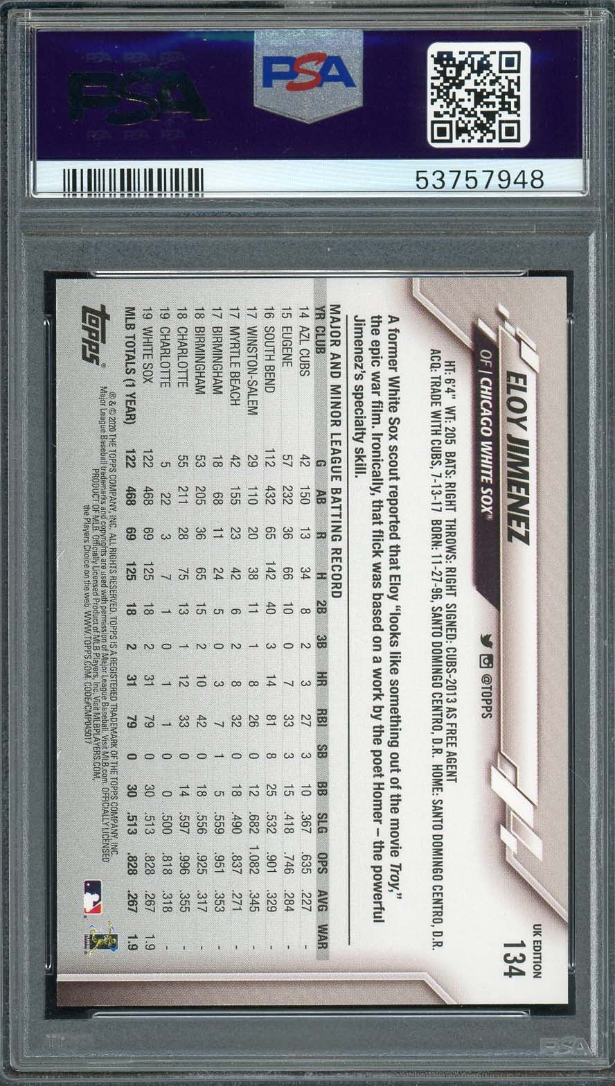 Eloy Jimenez 2020 Topps UK Edition Baseball Card #134 Graded PSA 10-Powers Sports Memorabilia