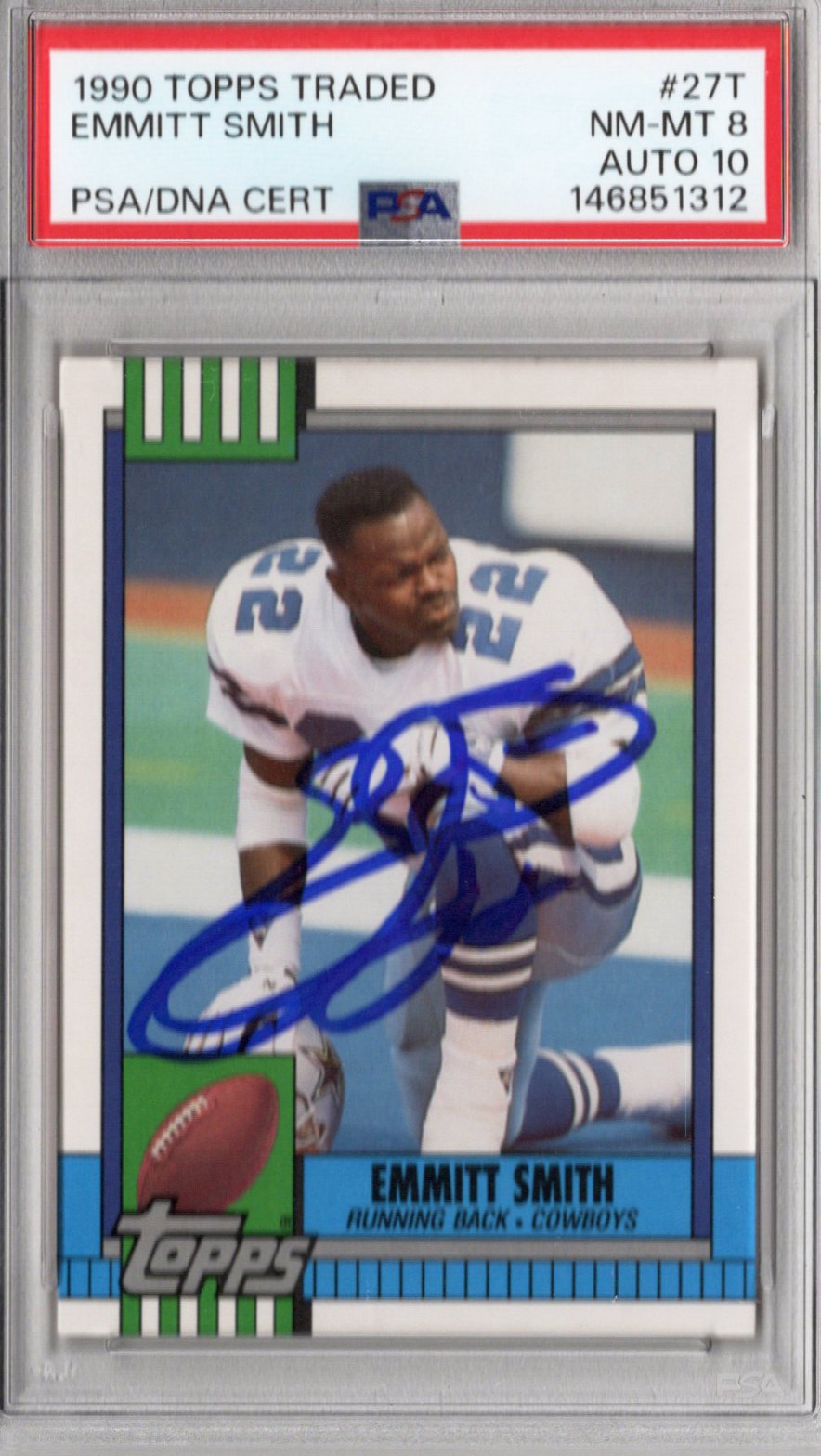 Emmitt Smith Signed 1990 Topps Traded #27T Cowboys Rookie Card PSA NM MT 8 Auto 10-Powers Sports Memorabilia