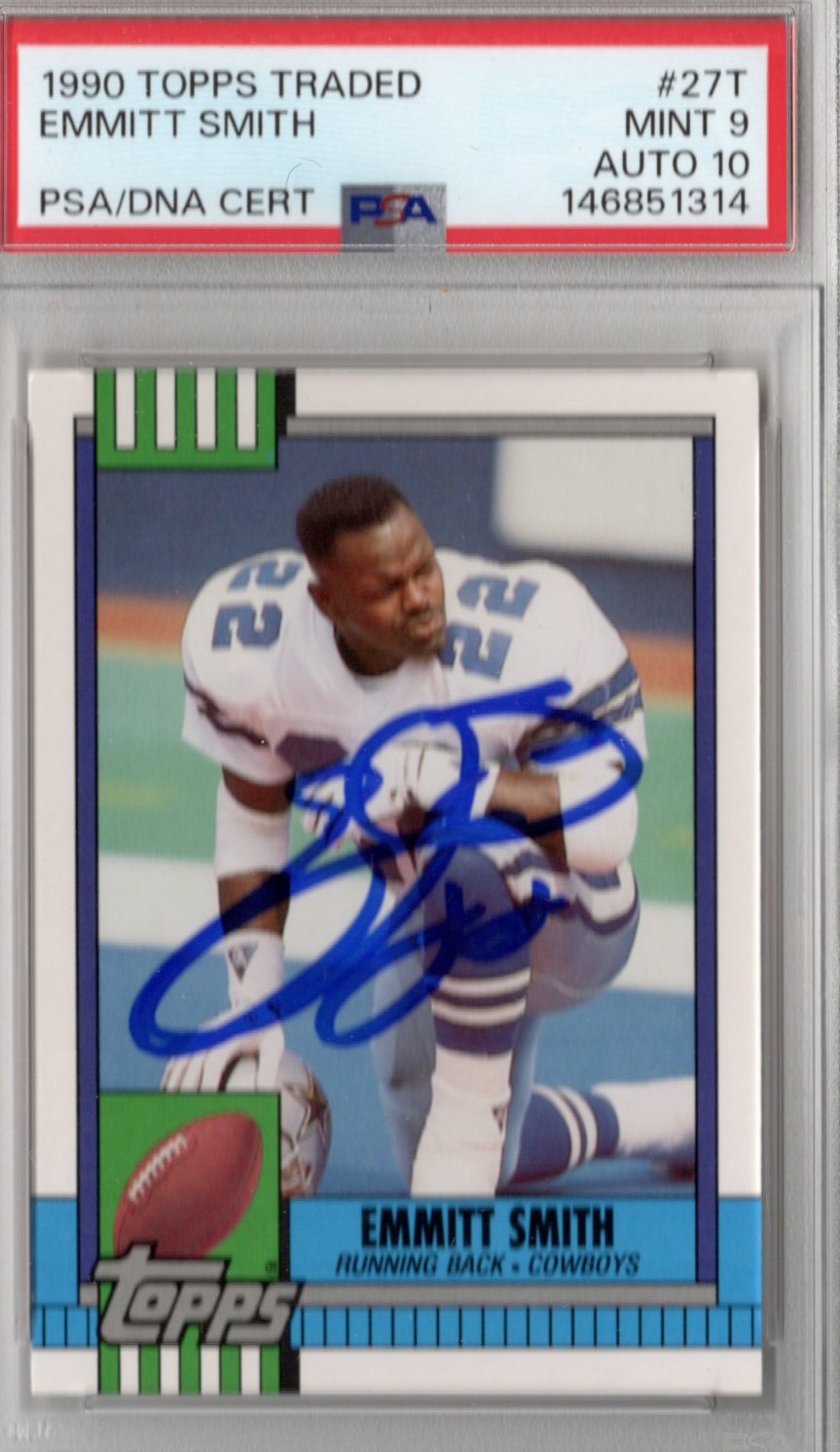 1990 Emmitt Smith Signed Topps Traded #27T Rookie Card PSA 9 Auto 10-Powers Sports Memorabilia