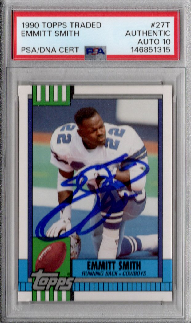 Emmitt Smith Signed 1990 Topps Traded #27T Cowboys Rookie Card - PSA AUTHENTIC Auto 10-Powers Sports Memorabilia