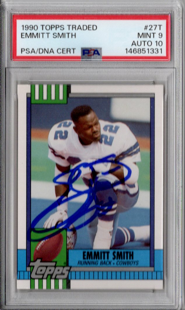 Emmitt Smith Signed 1990 Topps Traded #27T Cowboys Rookie Card - PSA Mint 9 Auto 10-Powers Sports Memorabilia