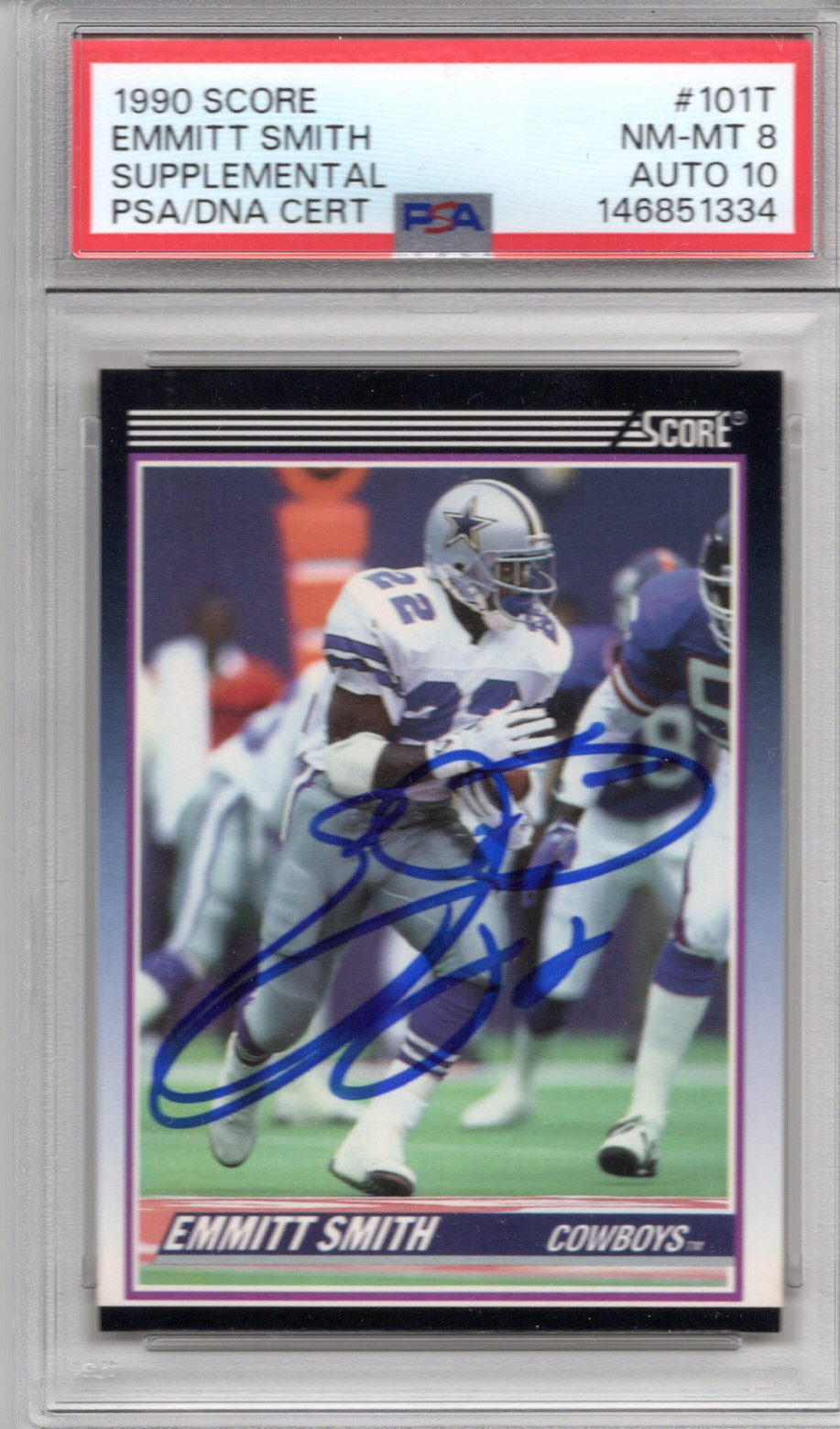 Emmitt Smith Signed 1990 Score #101T Cowboys Rookie Card - PSA NM/MT-8 Auto 10-Powers Sports Memorabilia