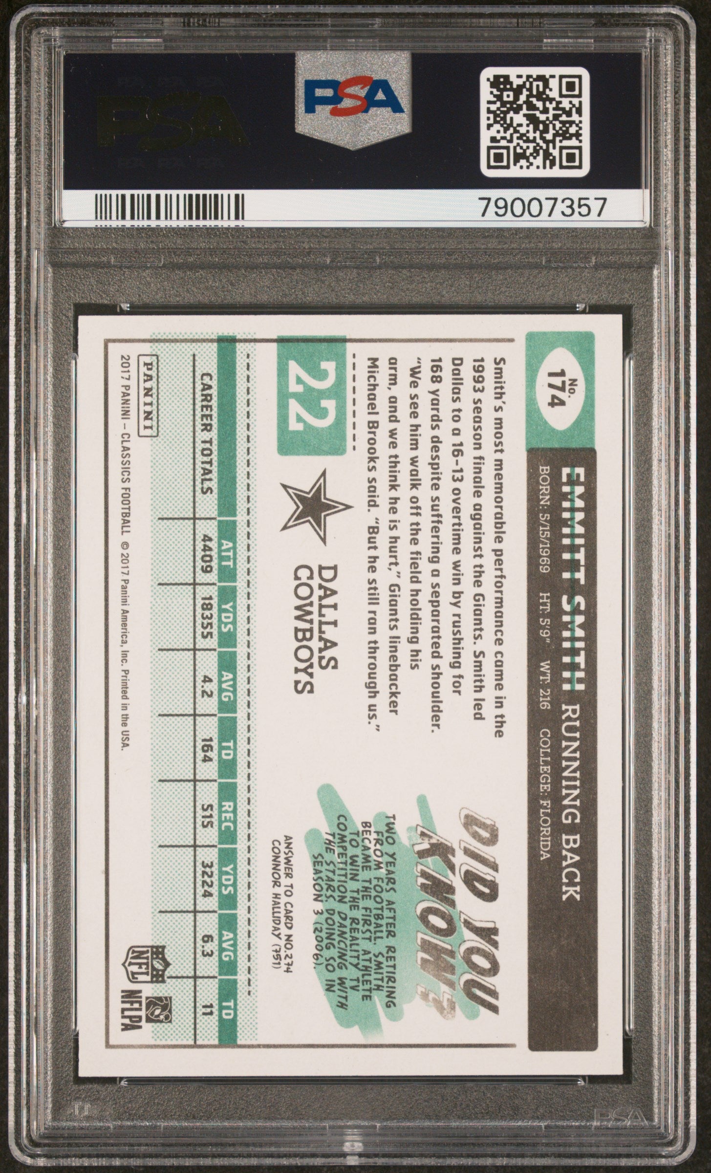 Emmitt Smith 2017 Panini Classics Football Card #174 Graded PSA 10-Powers Sports Memorabilia