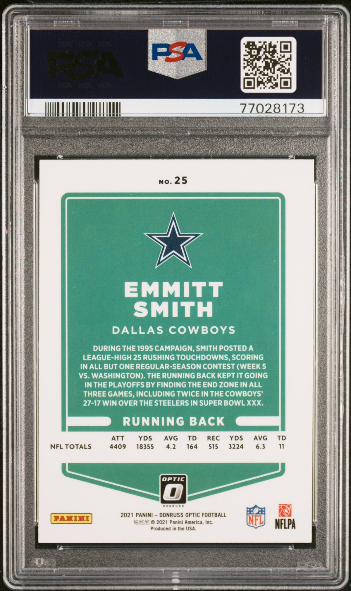 Emmitt Smith 2021 Panini Donruss Optic Football Card #25 Graded PSA 10-Powers Sports Memorabilia