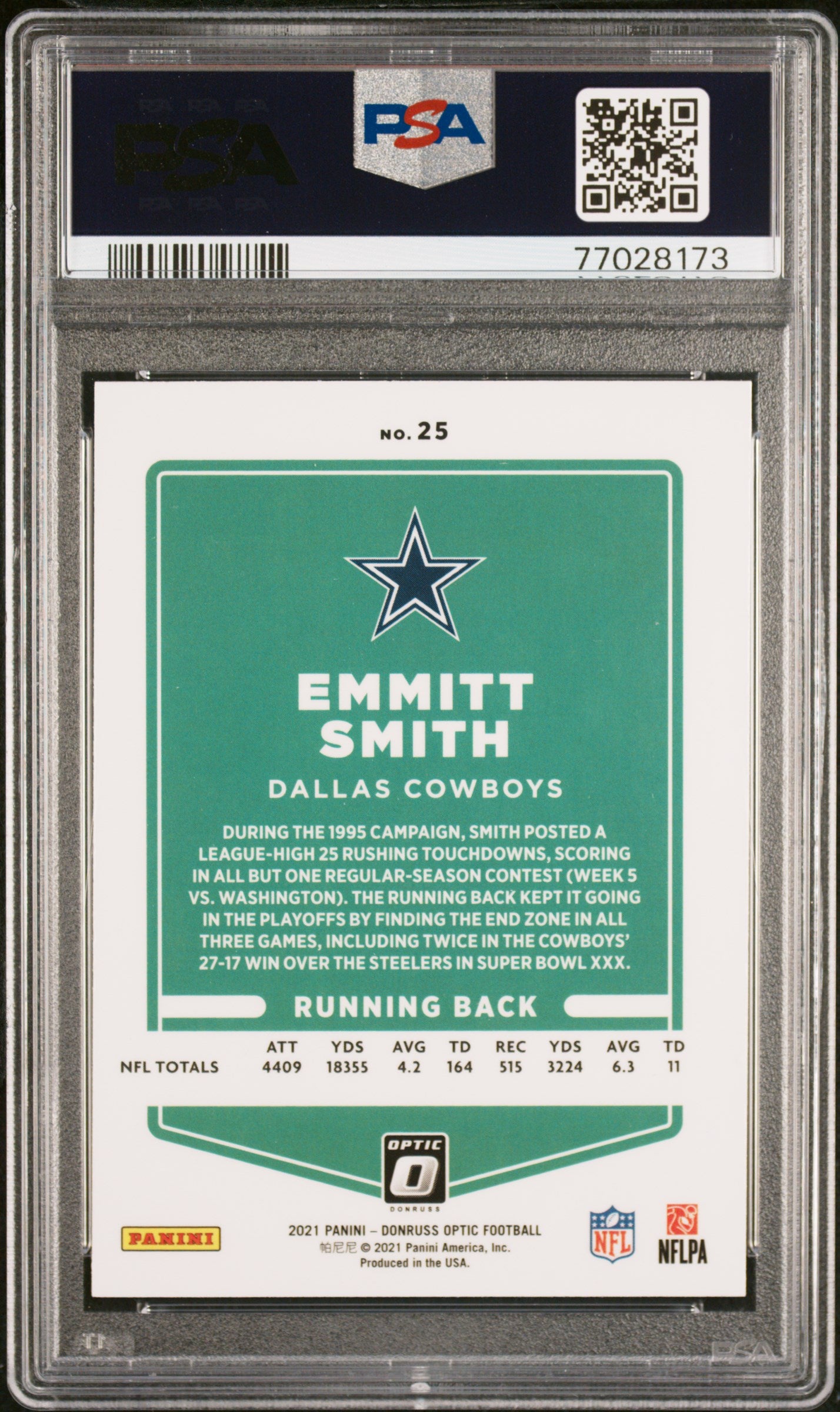 Emmitt Smith 2021 Panini Donruss Optic Football Card #25 Graded PSA 10-Powers Sports Memorabilia