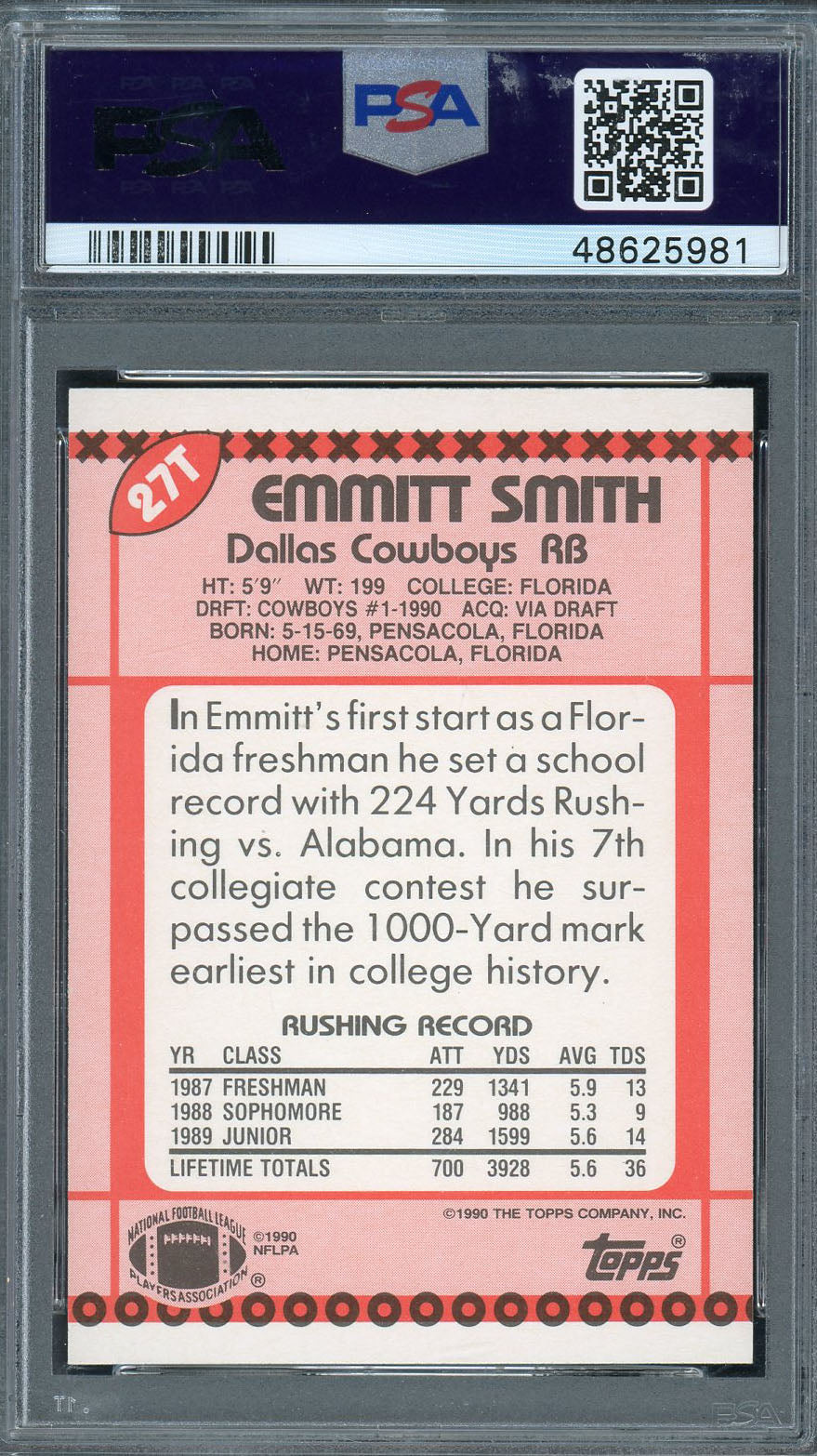 Emmitt Smith 1990 Topps Traded Football Rookie Card RC #27T Graded PSA 8-Powers Sports Memorabilia