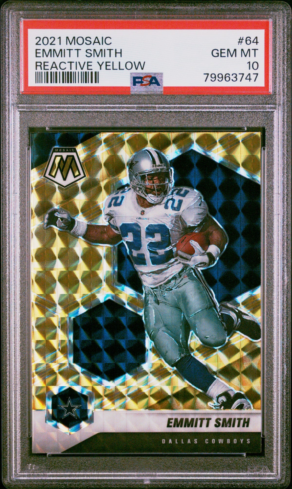 Emmitt Smith 2021 Panini Mosaic Reactive Yellow Football Card #64 Graded PSA 10-Powers Sports Memorabilia