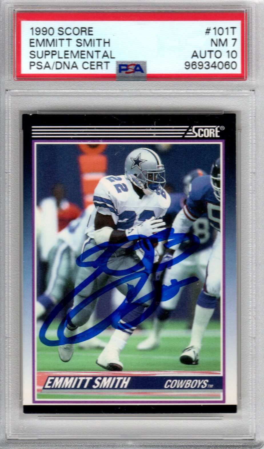 Emmitt Smith Signed 1990 Score #101T Cowboys Rookie Card - PSA NM-7 Auto 10-Powers Sports Memorabilia