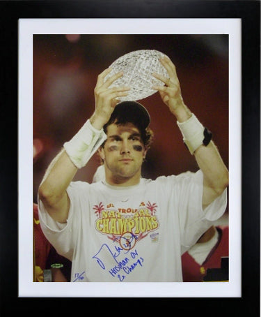 Matt Leinart Autographed USC Trojans 16 x 20 Photograph with Trophy- Heisman 04/ 2X Champs Custom Framing- Leinart Hologram-Powers Sports Memorabilia