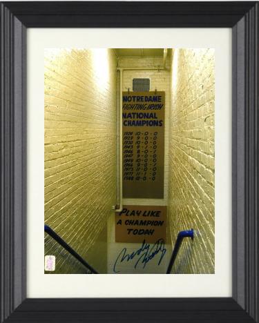 Rudy Ruettiger Autographed Notre Dame Fighting Irish 11 x 14 Photograph Custom Framing- Rudy 45 Hologram (staircase)-Powers Sports Memorabilia