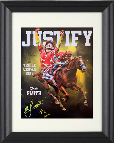 Mike E. Smith Autographed Justify 2018 Triple Crown Winner 11 x 14 Photograph Collage TC 2018 Custom Framing- AWM Hologram-Powers Sports Memorabilia