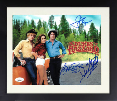 Dukes of Hazzard Autographed 3 Sig 16 x 20 Photograph Custom Framing- JSA Witnessed Tom Wopat (Luke)/John Schneider (Bo) & Catherine Bach - CTBL_f33084-Powers Sports Memorabilia