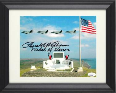 Hershel W. Williams Autographed WWII Memorial on Mt Suribachi 8 x 10 Photograph Custom Framing- JSA #AC92785- Medal of Honor/Iwo Jima-Powers Sports Memorabilia