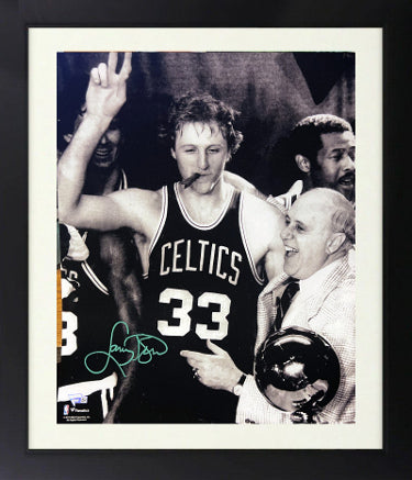 Larry Bird Autographed Boston Celtics Cigar Celebration B&W NBA Licensed 16 x 20 Photograph Custom Framing- Fanatics Holo (with NBA Trophy)-Powers Sports Memorabilia