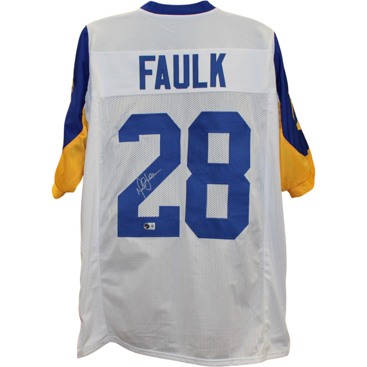 Marshall Faulk Pro Style XL Signed Jersey TB White Beckett W 58509 Beckett-Powers Sports Memorabilia