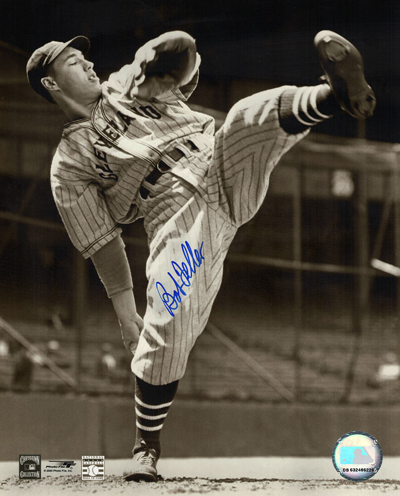 Bob Feller Autographed Cleveland Indians B&W Pitching Leg Raised 8x10 Photo-Powers Sports Memorabilia