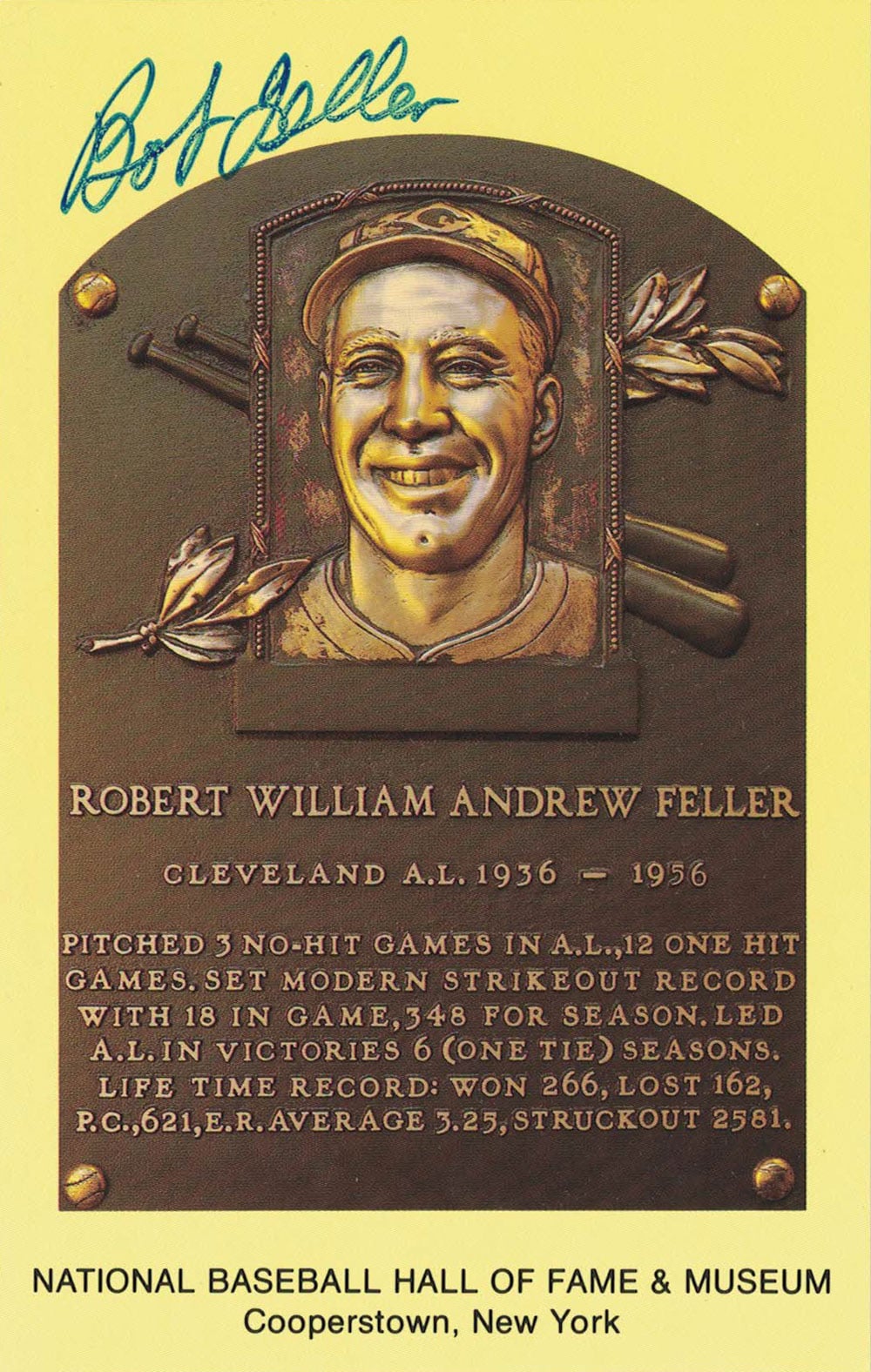 Bob Feller Cleveland Indians Signed Mini Helmet - Hall Of Fame Postcard-Powers Sports Memorabilia