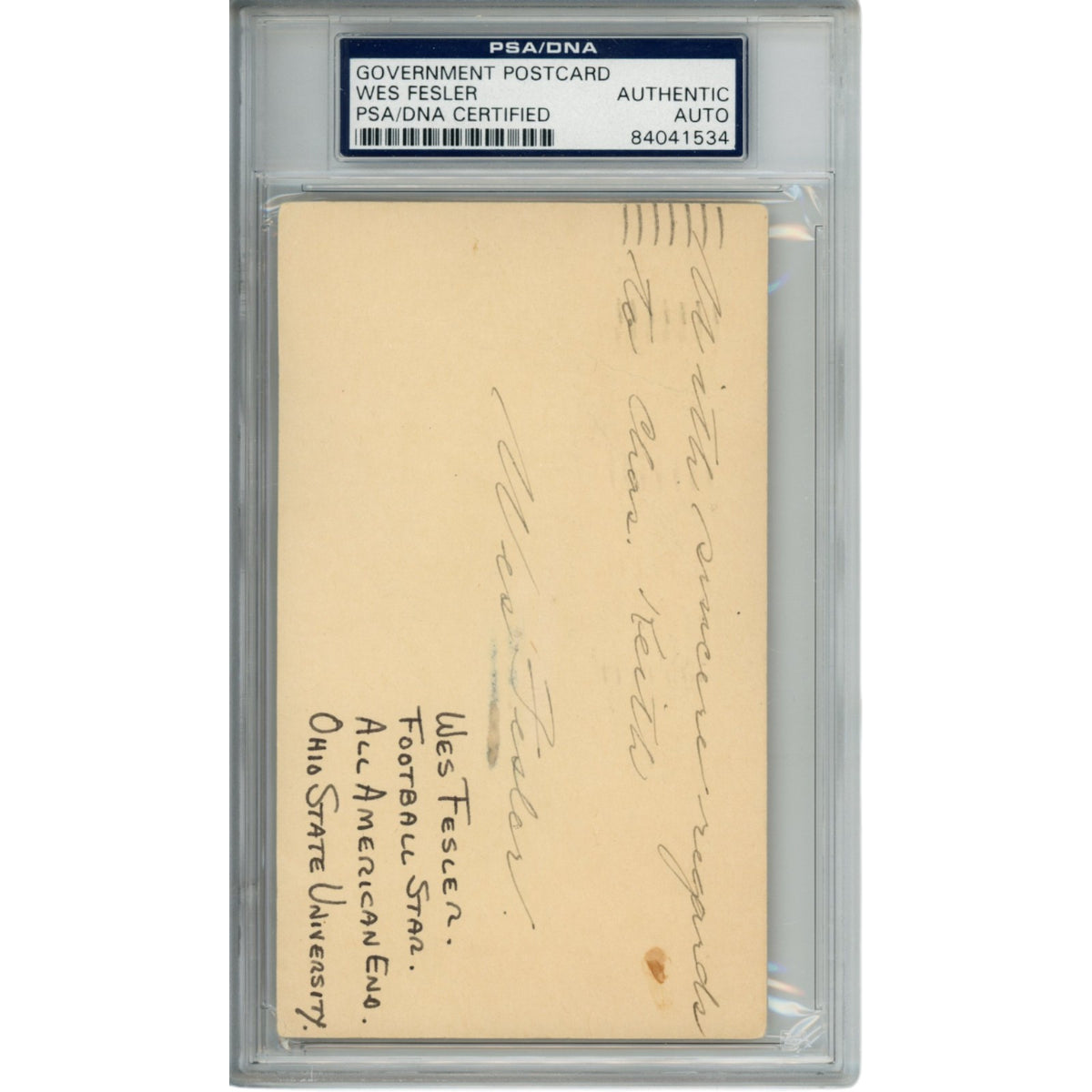 Wes Fesler Ohio State Buckeyes Signed Mini Helmet - Postcard PSA Slabbed PSA-Powers Sports Memorabilia