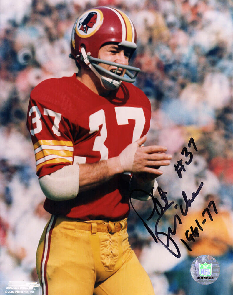 Pat Fischer Autographed Washington Football Team Red Jersey Close Up 8x10 Photo with 1961-77-Powers Sports Memorabilia