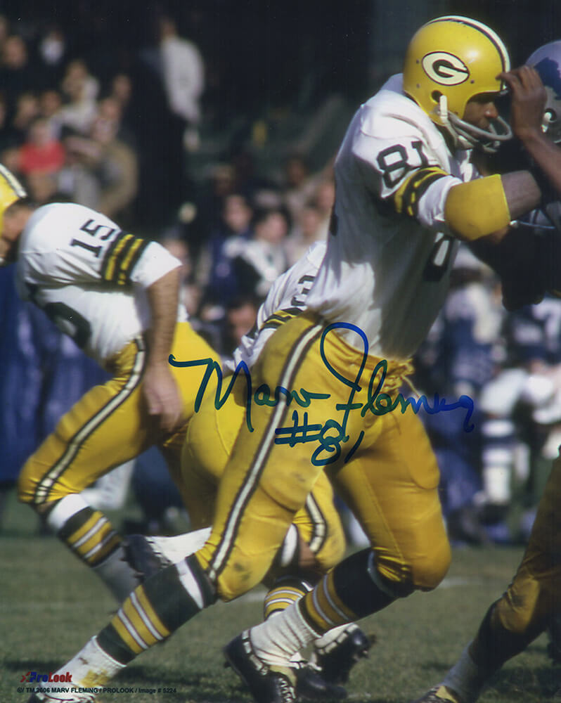 Marv Fleming Autographed Green Bay Packers White Jersey Action 8x10 Photo-Powers Sports Memorabilia