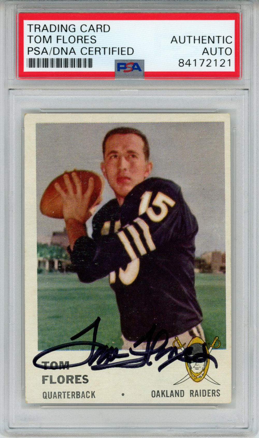 Tom Flores Oakland Raiders Signed Card - 1961 Fleer #188 HOF PSA Slab PSA-Powers Sports Memorabilia