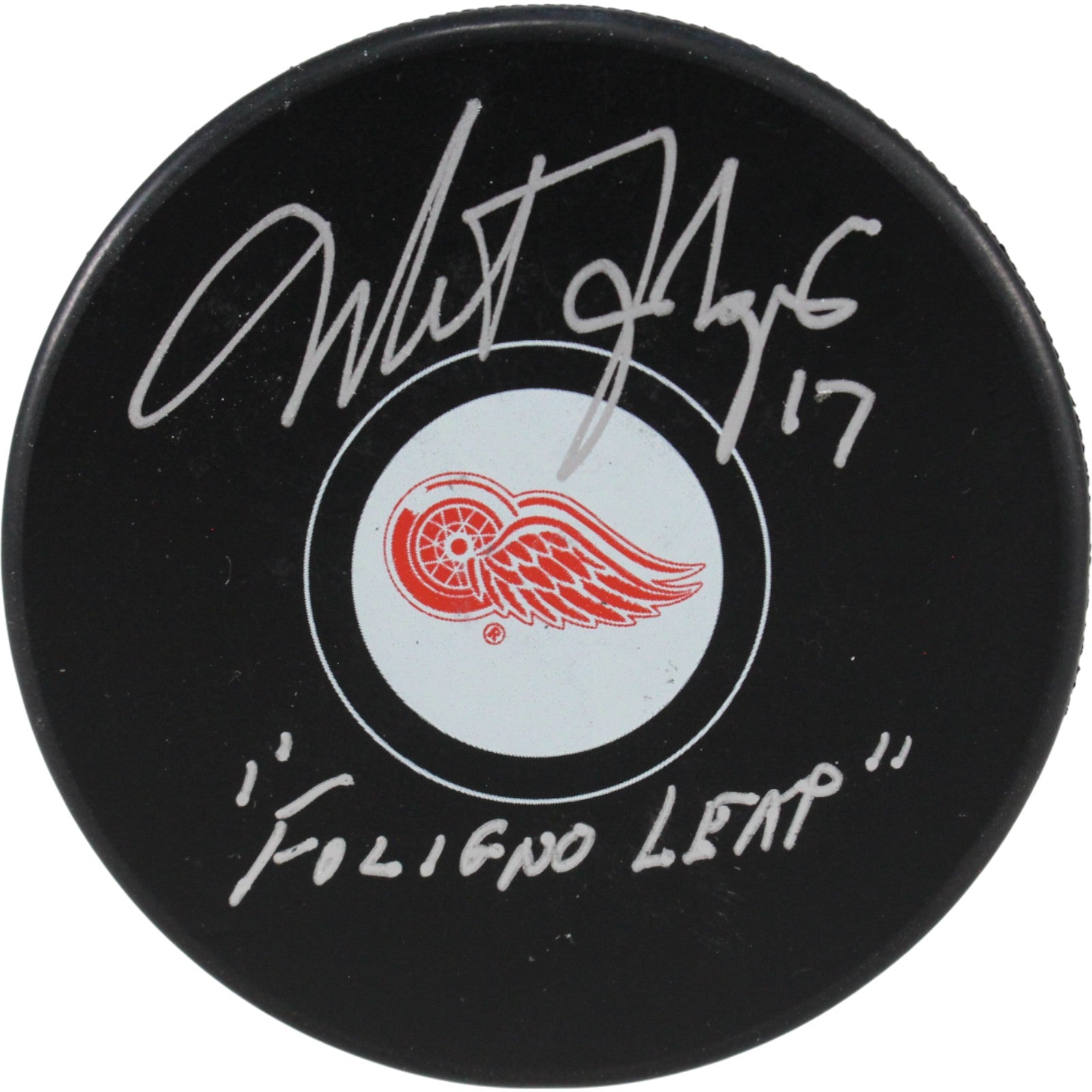 Mike Foligno Detroit Red Wings Logo Signed Puck Foligno Leap-Powers Sports Memorabilia