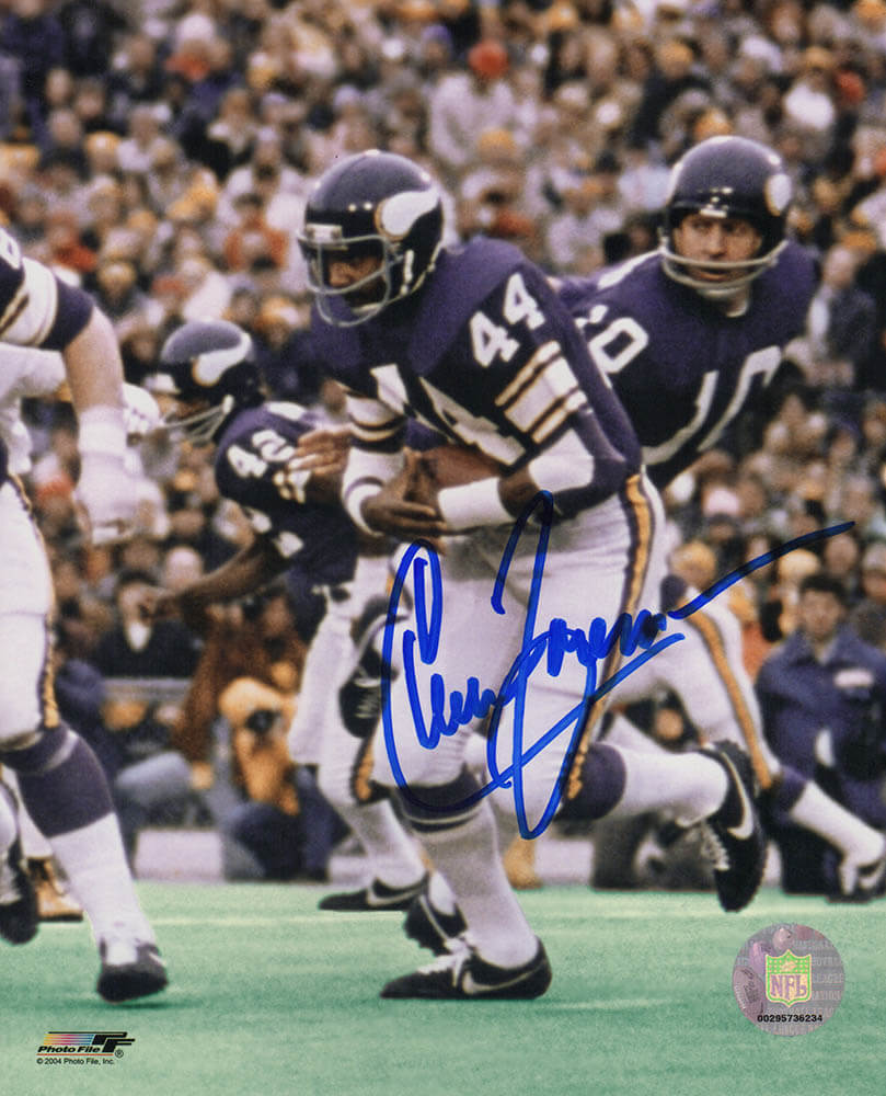Chuck Foreman Autographed Minnesota Vikings Hand Off Action 8x10 Photo-Powers Sports Memorabilia