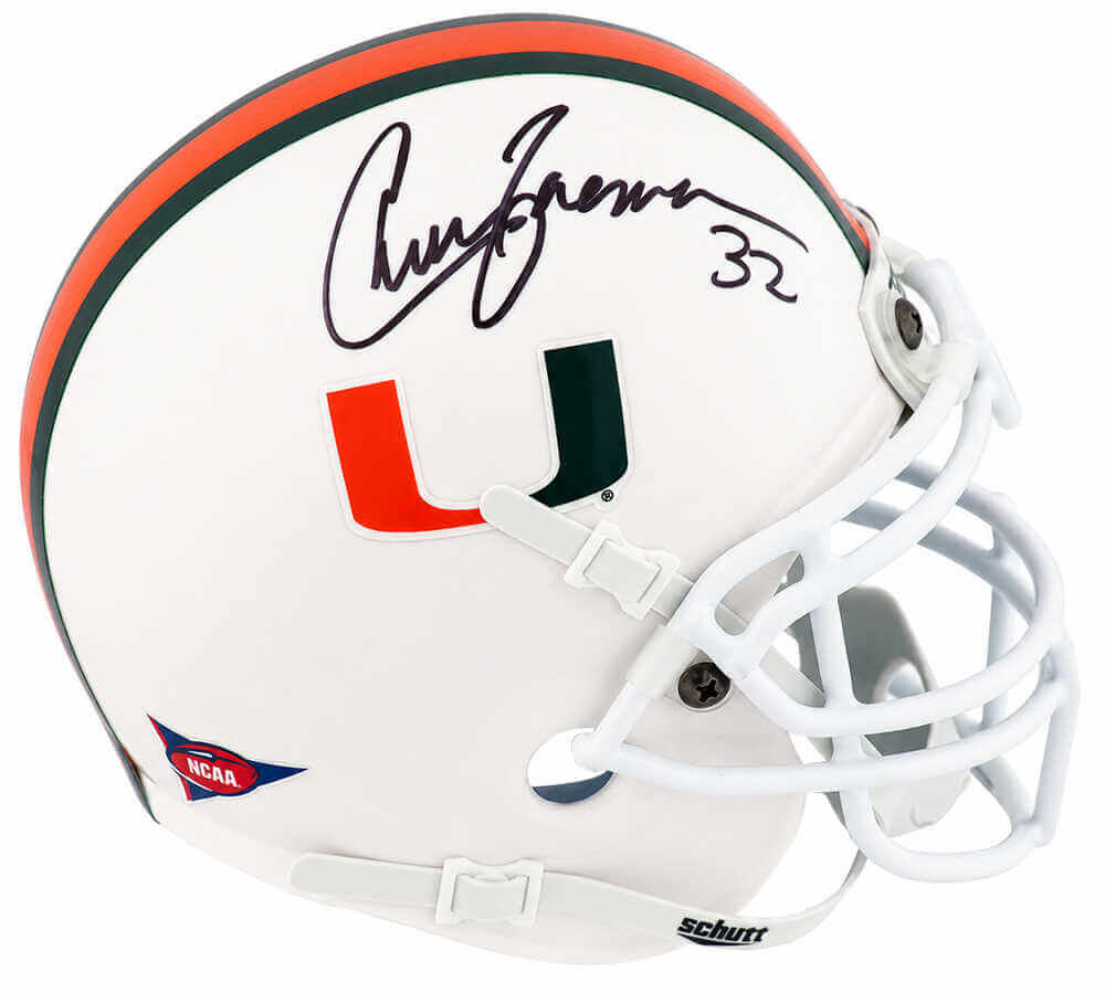 Chuck Foreman Autographed Miami Hurricanes Schutt Mini Helmet-Powers Sports Memorabilia