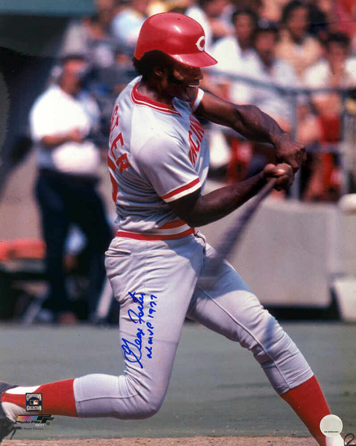 George Foster Autographed Cincinnati Reds Grey Jersey Swinging 16x20 Photo with NL MVP 1977-Powers Sports Memorabilia