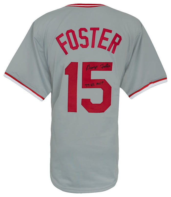 George Foster Autographed Grey Custom Baseball Jersey with 77 NL MVP-Powers Sports Memorabilia