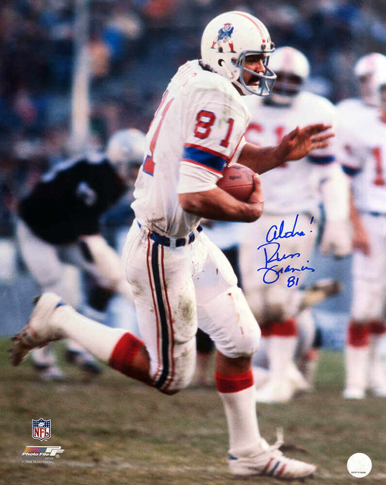 Russ Francis Autographed New England Patriots White Jersey Action 16x20 Photo with Aloha-Powers Sports Memorabilia
