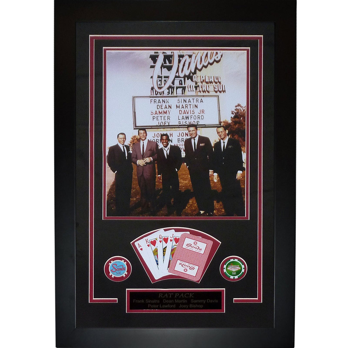 Rat Pack Sands Las Vegas Deluxe Framed Piece with Sands Poker Hand Playing Cards and Poker Chips-Powers Sports Memorabilia