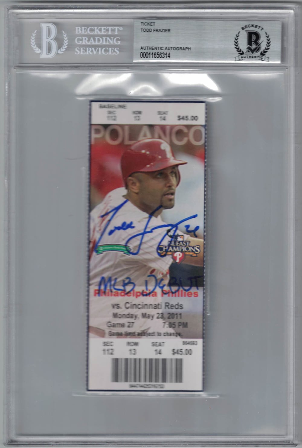 Todd Frazier Cincinnati Reds Signed Card - Ticket MLB Debut BAS Slab Beckett-Powers Sports Memorabilia