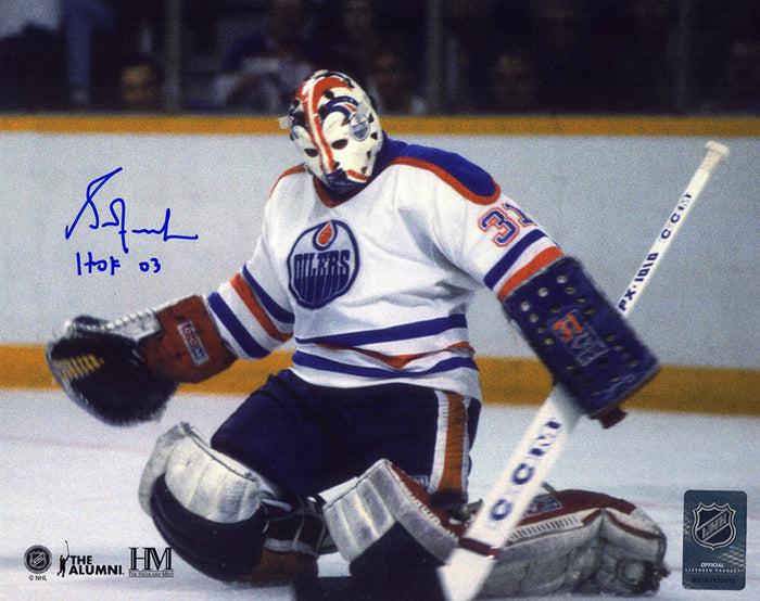 Grant Fuhr Autographed Edmonton Oilers White Jersey Goalie Action 8x10 Photo with HOF'03-Powers Sports Memorabilia