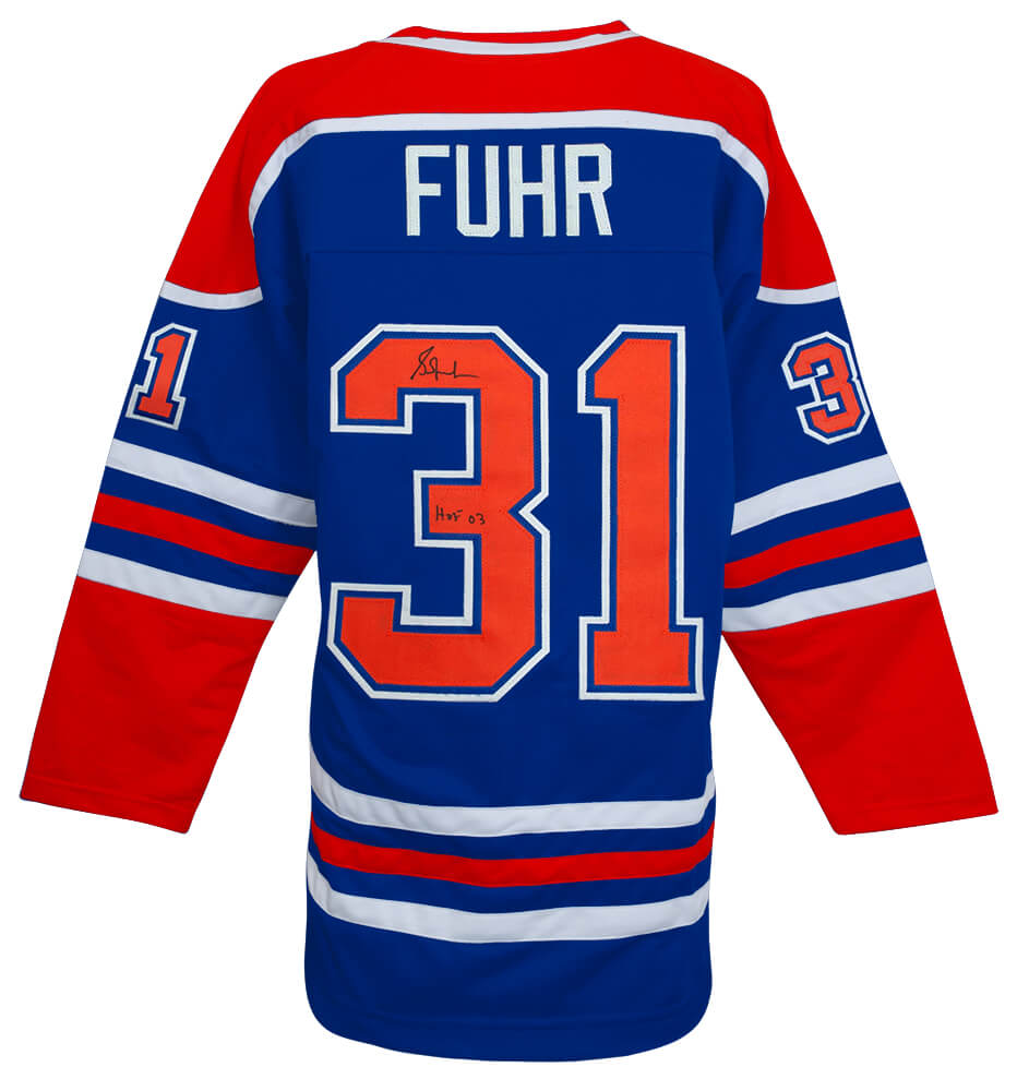 Grant Fuhr Autographed Blue Throwback Custom Hockey Jersey with HOF'03-Powers Sports Memorabilia