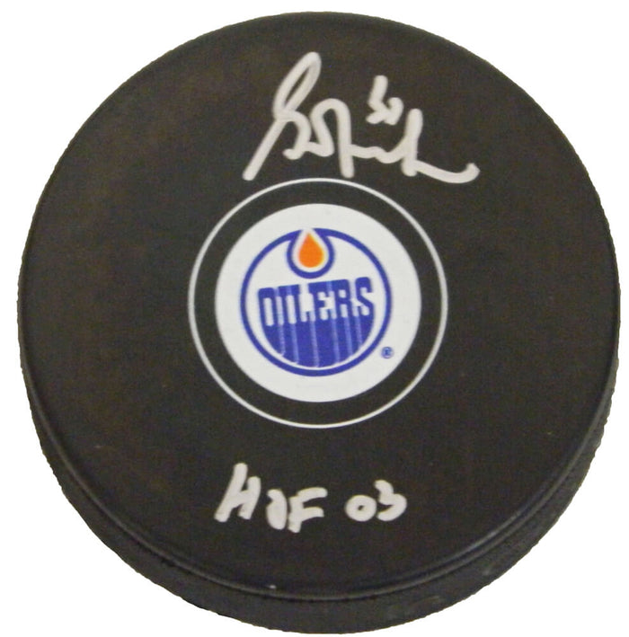Grant Fuhr Autographed Edmonton Oilers Logo Hockey Puck with HOF 03-Powers Sports Memorabilia