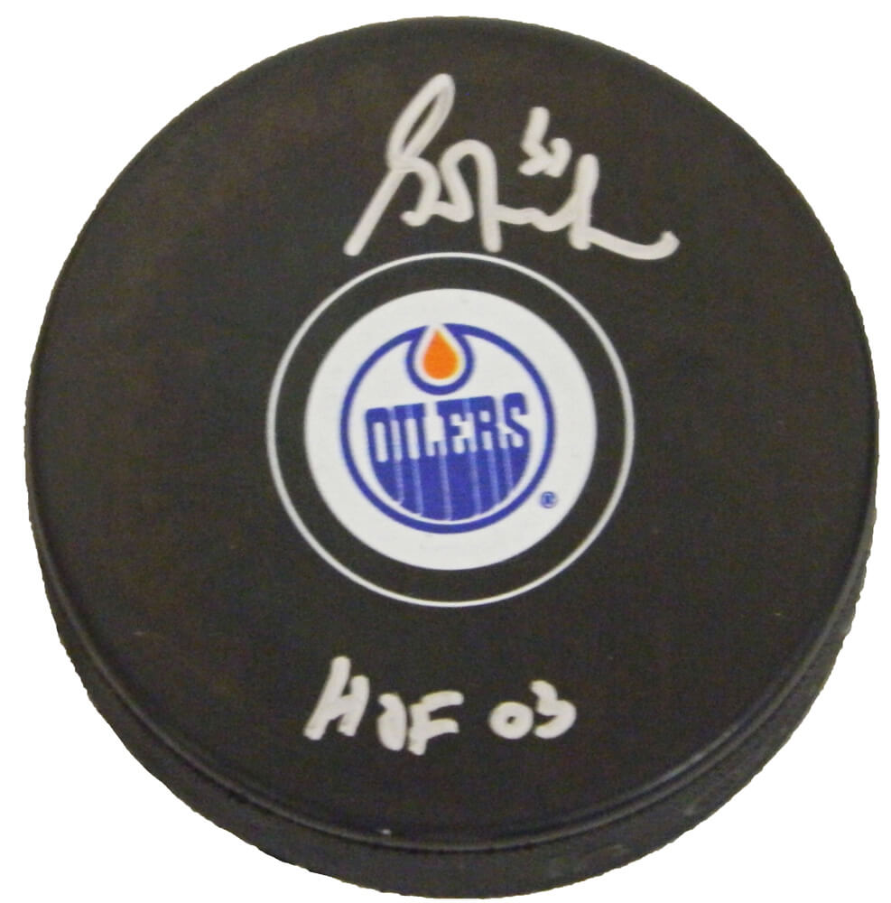 Grant Fuhr Autographed Edmonton Oilers Logo Hockey Puck with HOF 03-Powers Sports Memorabilia