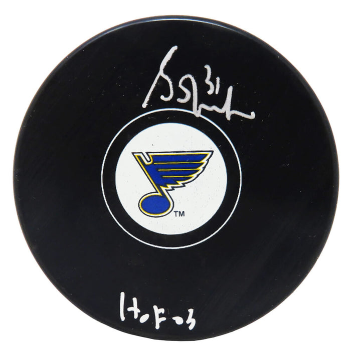 Grant Fuhr St. Louis Blues Autographed St Louis Logo Hockey Puck w/ HOF 03-Powers Sports Memorabilia