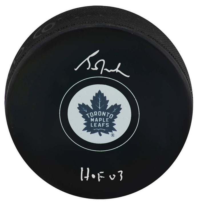 Grant Fuhr Autographed Toronto Maple Leafs Logo Hockey Puck with HOF'03-Powers Sports Memorabilia