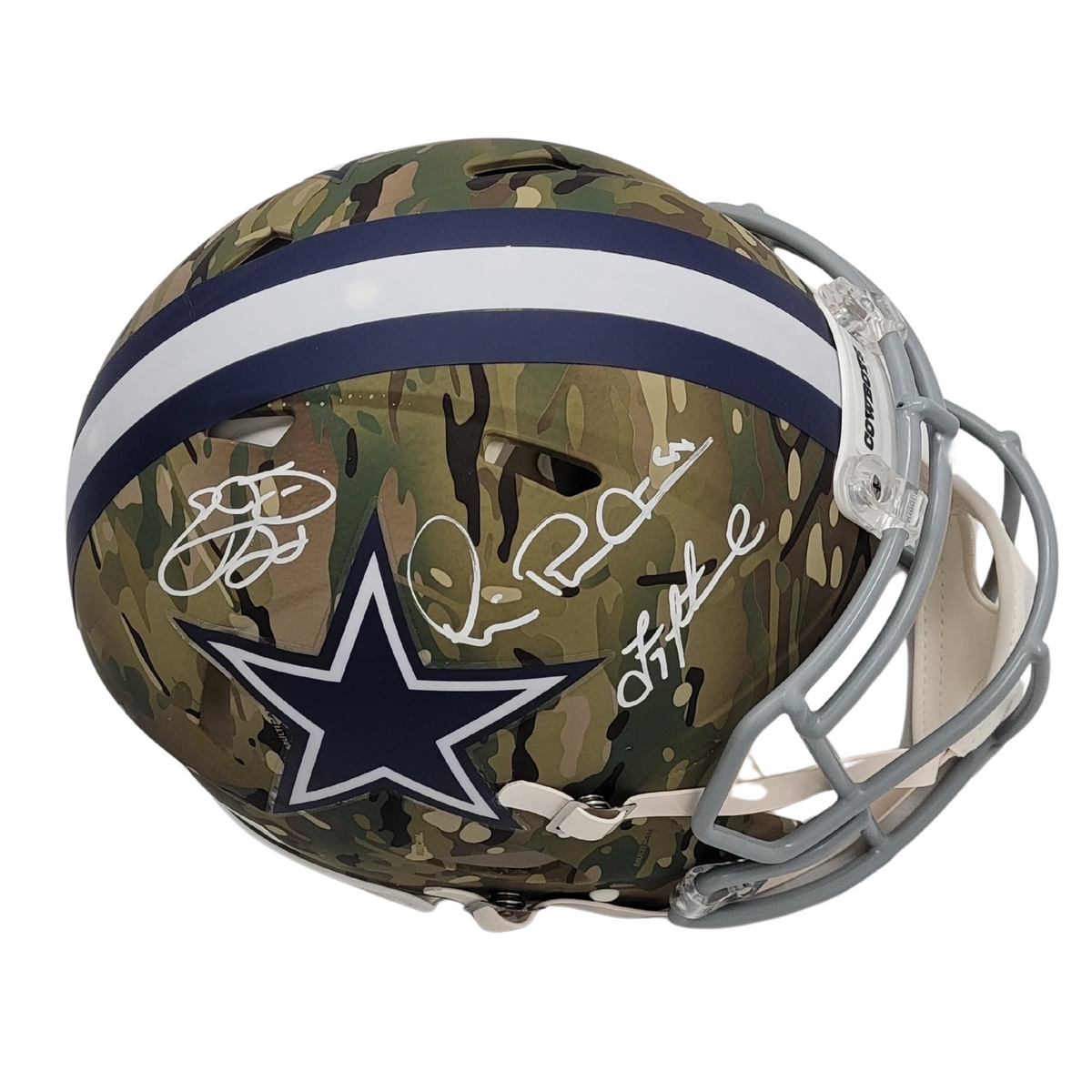 Troy Aikman Michael Irvin Emmitt Smith Signed Dallas Cowboys Camo Authentic Full Size Helmet Beckett Fanatics-Powers Sports Memorabilia