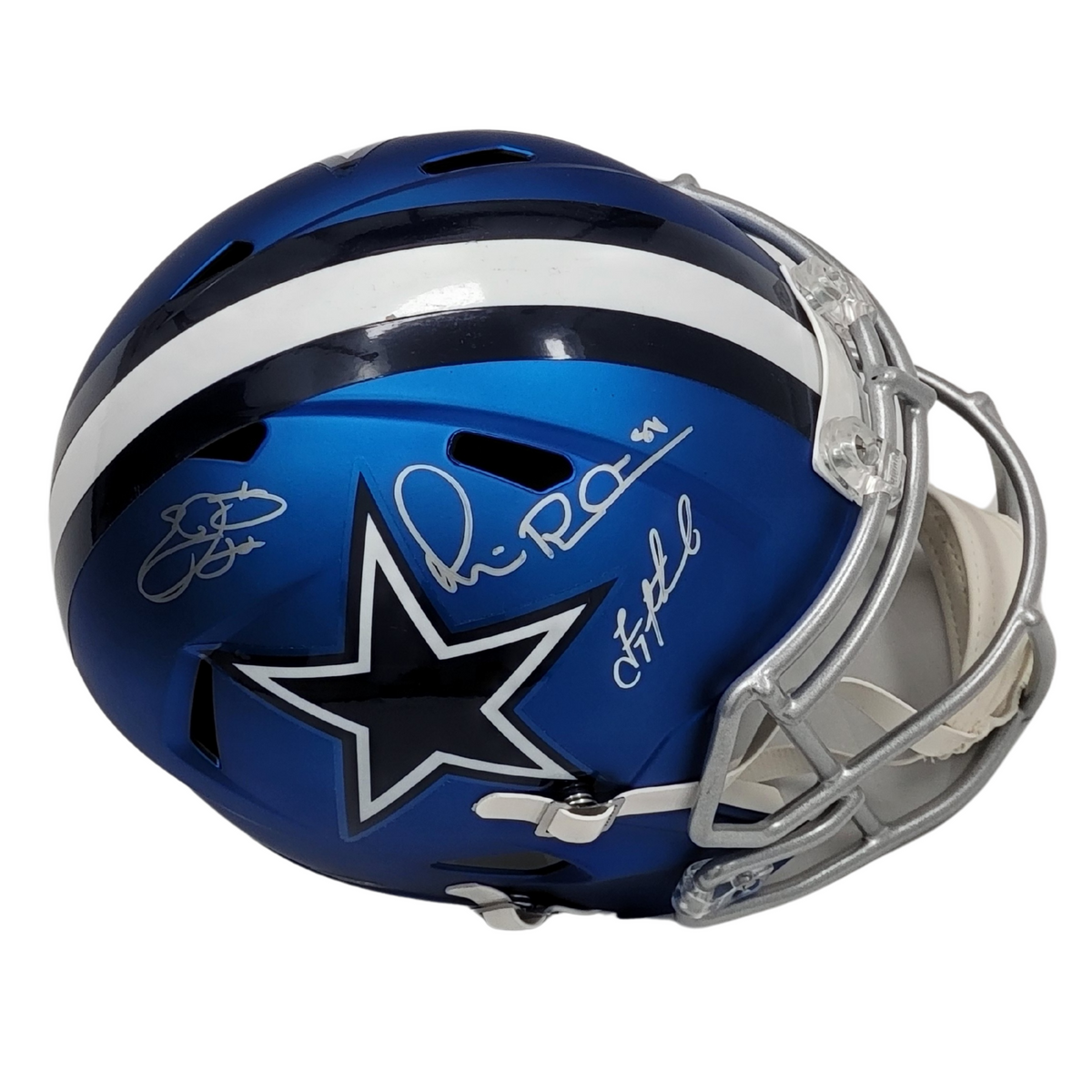 Troy Aikman Michael Irvin Emmitt Smith Signed Dallas Cowboys Blaze Replica Full Size Helmet Fanatics Beckett-Powers Sports Memorabilia