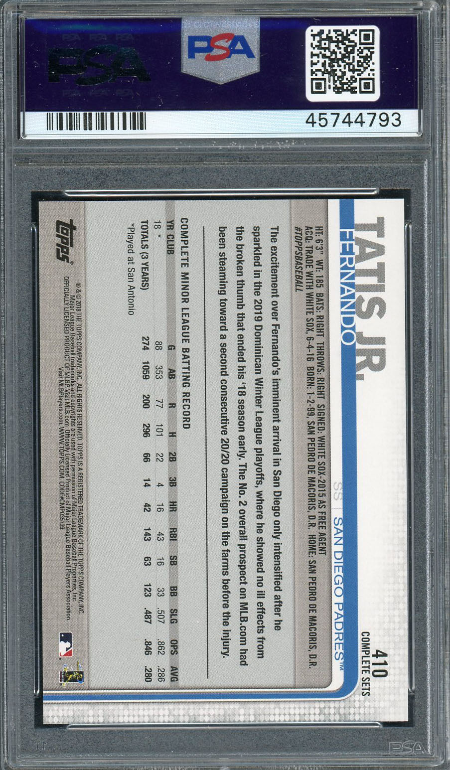 Fernando Tatis Jr 2019 Topps Complete Baseball Rookie Card #410 Graded PSA 10-Powers Sports Memorabilia