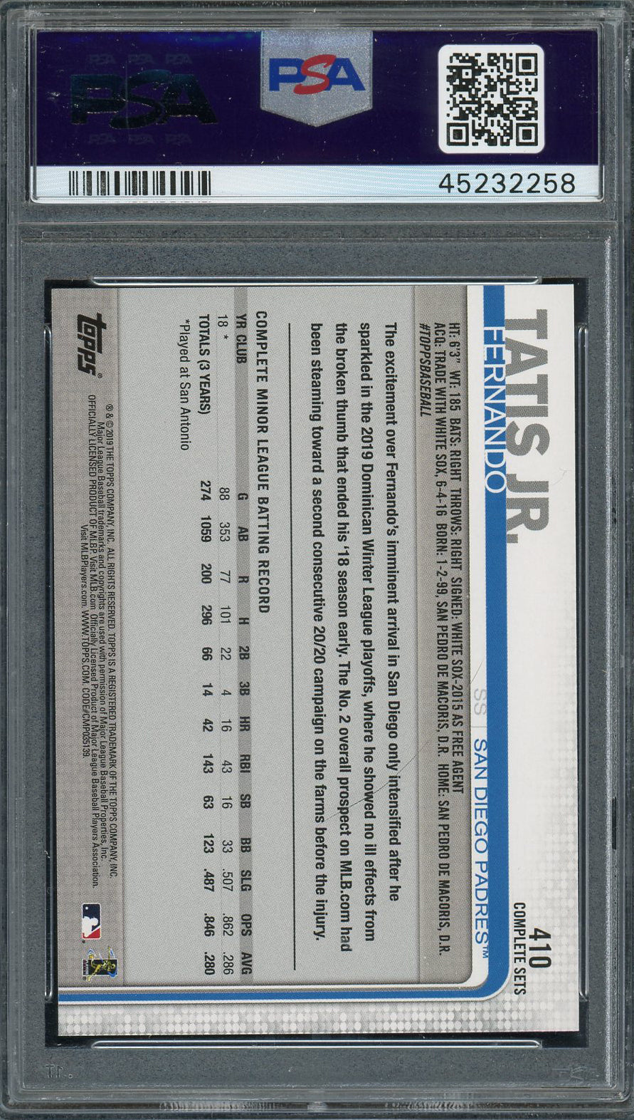 Fernando Tatis Jr 2019 Topps Complete Baseball Rookie Card RC #410 Graded PSA 9 Mint