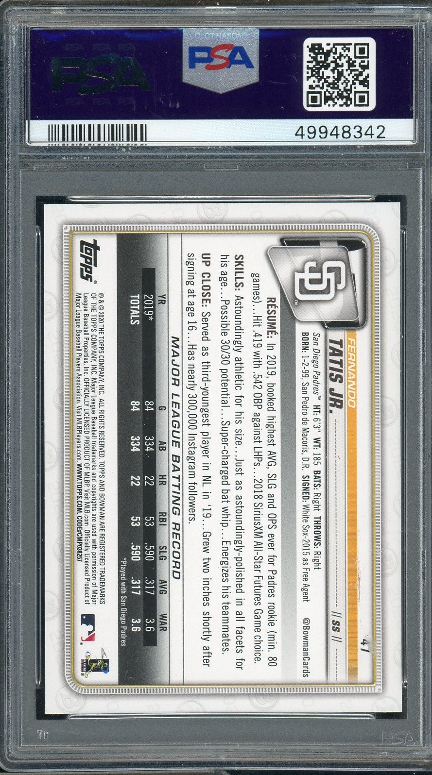 Fernando Tatis Jr 2020 Bowman Baseball Card #47 Graded PSA 10-Powers Sports Memorabilia