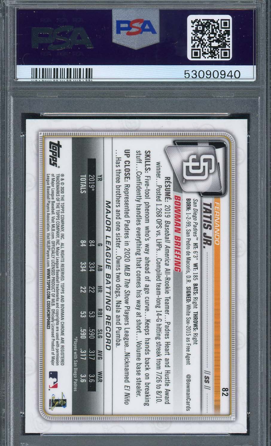 Fernando Tatis Jr 2020 Bowman Chrome Baseball Card #82 Graded PSA 10-Powers Sports Memorabilia