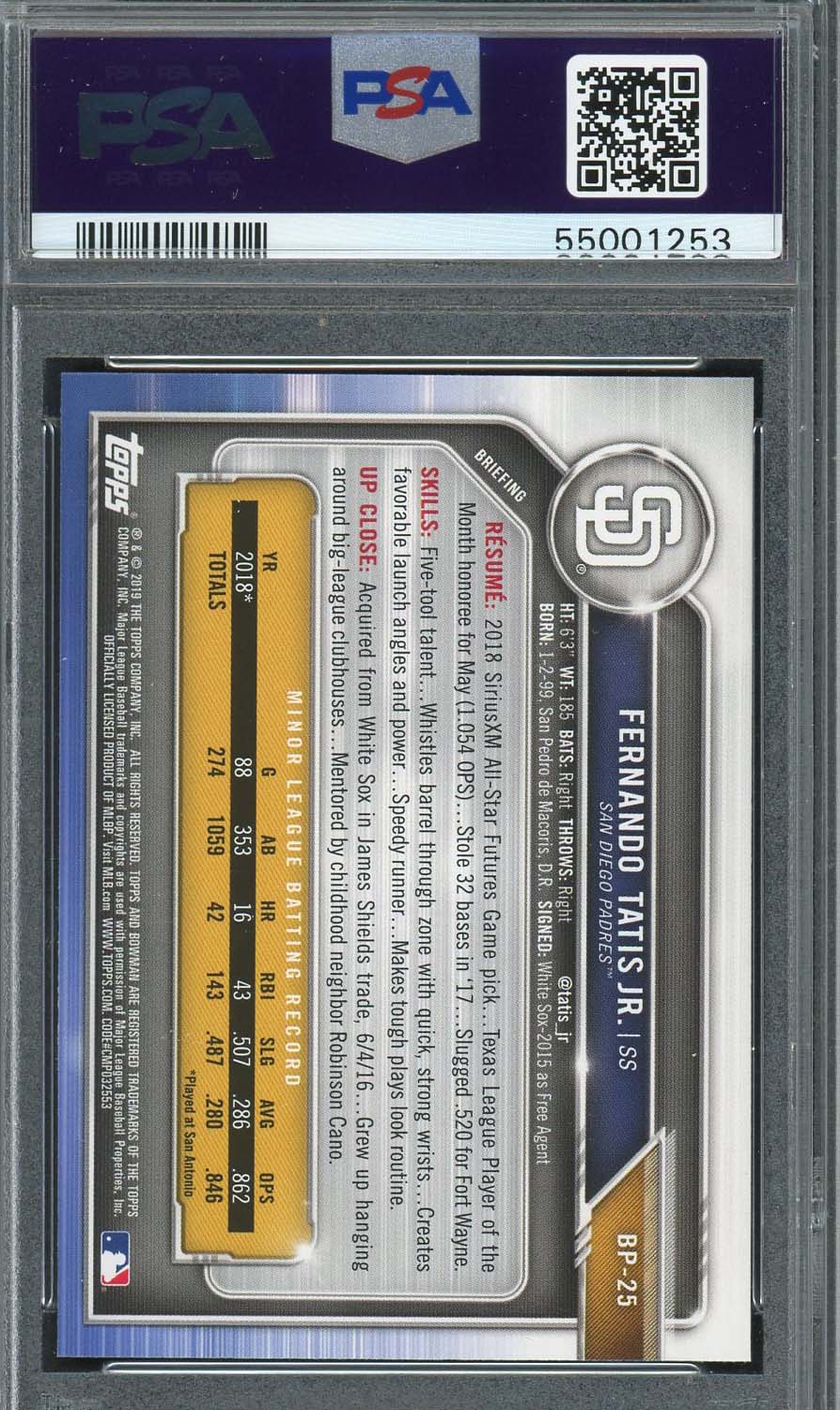 Fernando Tatis Jr 2019 Bowman Paper Prospects Baseball Rookie Card #BP25 PSA 10-Powers Sports Memorabilia